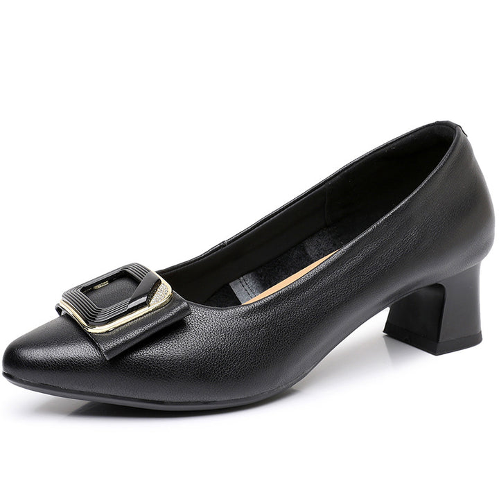 Women's Genuine Leather Pointed Toe Office Pumps Buckle Mid Chunky Heel Slip On Shoes