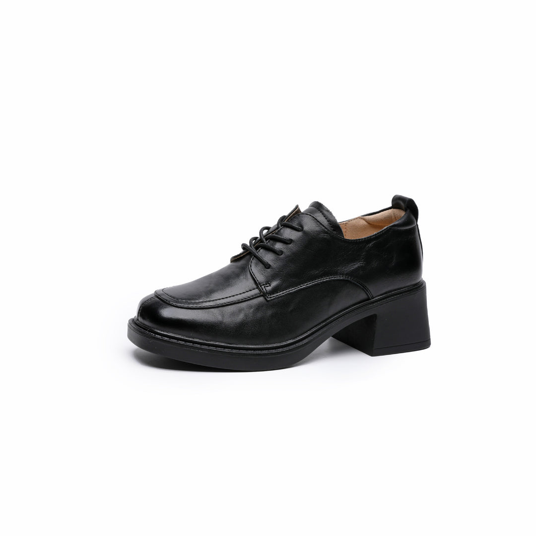 Women's Genuine Leather Oxford Shoes Chunky Mid Heel Lace Up Derby Pumps