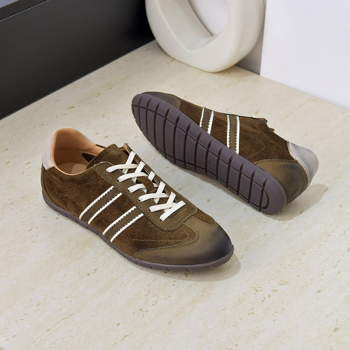 Women's Genuine Leather Retro Sneakers Stripe Patchwork Flat Lace Up Casual Shoes