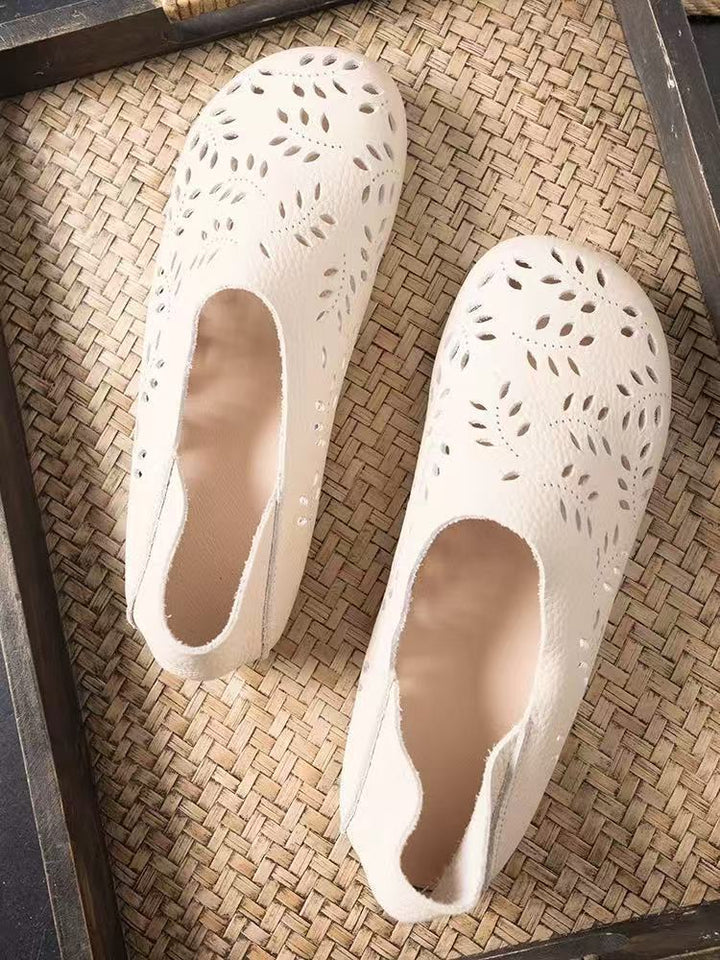 Women's Leather Loafers - Cut-Out Leaf Perforated Flat Sandals Casual Slip-On Summer Shoes