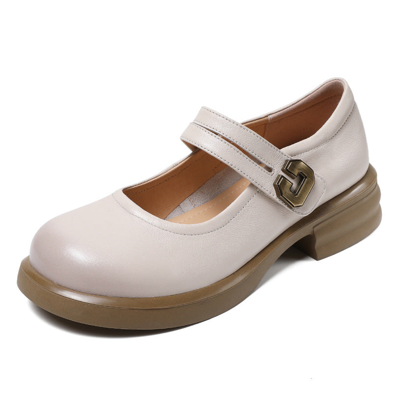Women's Soft Leather Mary Janes – Round Toe Low Heel with Adjustable Velcro