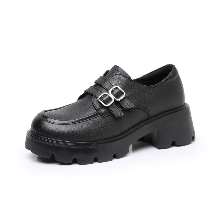 Women's Chunky Platform Loafers - Leather Shoes with EVA Outsole - Double Buckle Detail