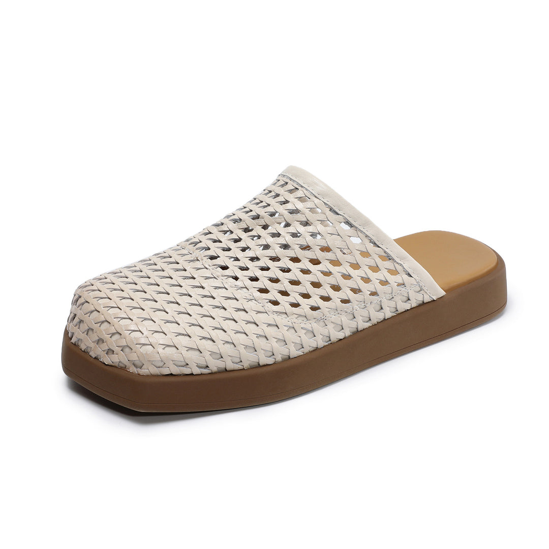 Women's Square Toe Woven Mules Genuine Leather Platform Slippers Barefoot-Friendly