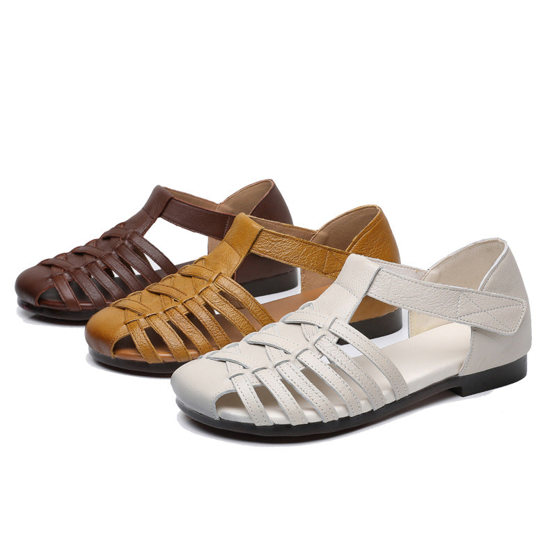 Women's Leather Fisherman Sandals Velcro Woven Summer Hollow-Out Casual Walking Flats