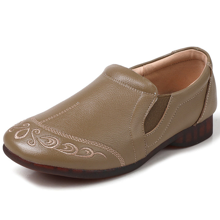 Women's Cowhide Vintage Embroidered Flat Loafers Slip On Walking Shoes