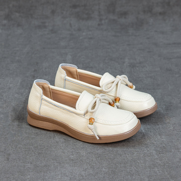 Women's Genuine Leather Loafers Beaded Knot Round Toe Slip On Platform Shoes
