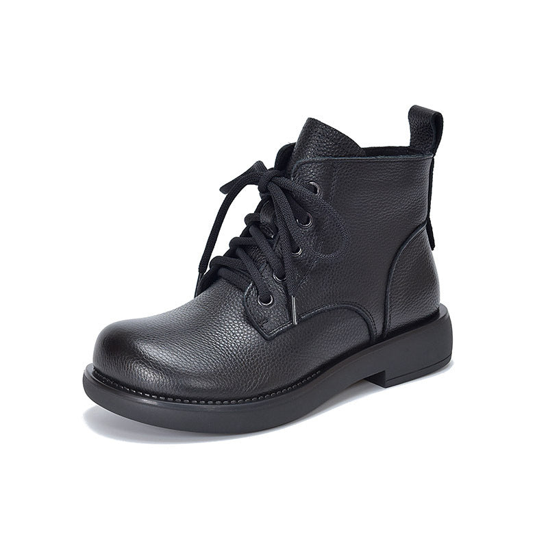 Women's Vintage Leather Ankle Boots Zipper Lace Up Flat Combat Booties