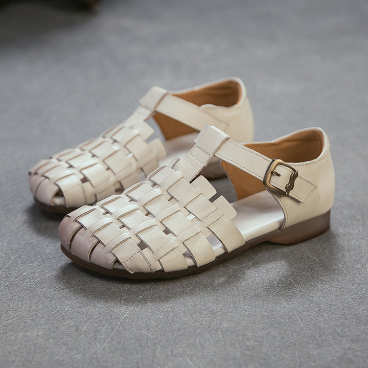Women's Retro Woven Fisherman Sandals Vintage Leather Velcro Cage Flats