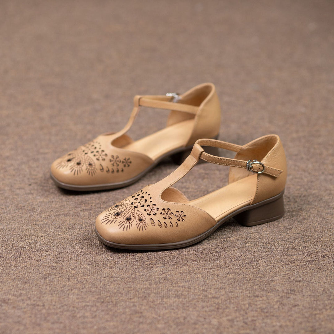 Women's Summer T-Strap Mary Janes - Floral Laser-Cut Cowhide Flats - Block Heel
