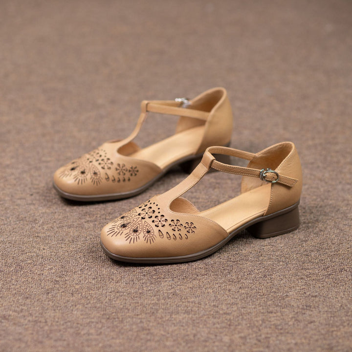 Women's Summer T-Strap Mary Janes - Floral Laser-Cut Cowhide Flats - Block Heel