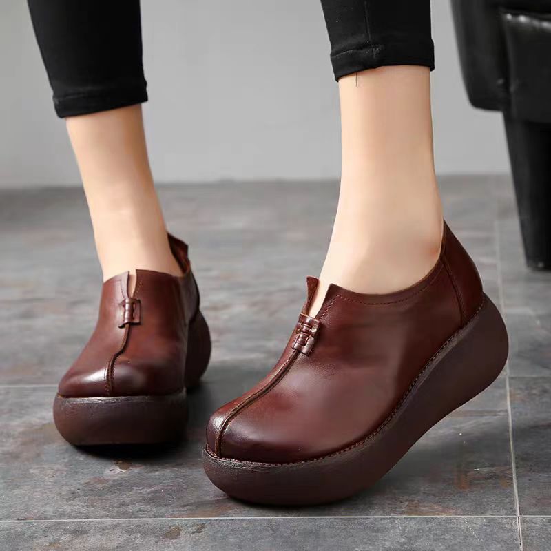 Women's Vintage Cowhide Wedge Platform Shoes Round Toe Soft Sole Slip-On Loafers