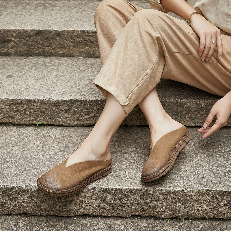 Women's V-Cut Soft Leather Flat Mules – Retro Minimalist Style
