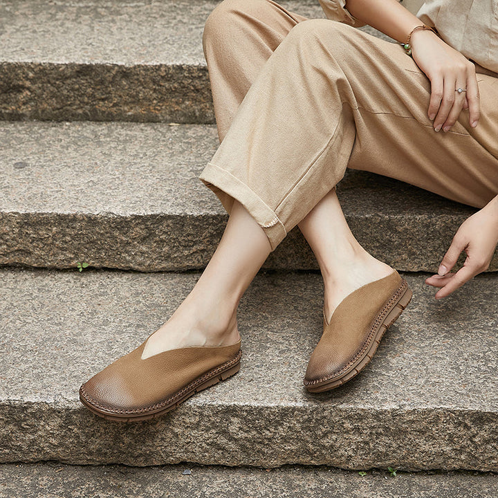 Women's V-Cut Soft Leather Flat Mules – Retro Minimalist Style