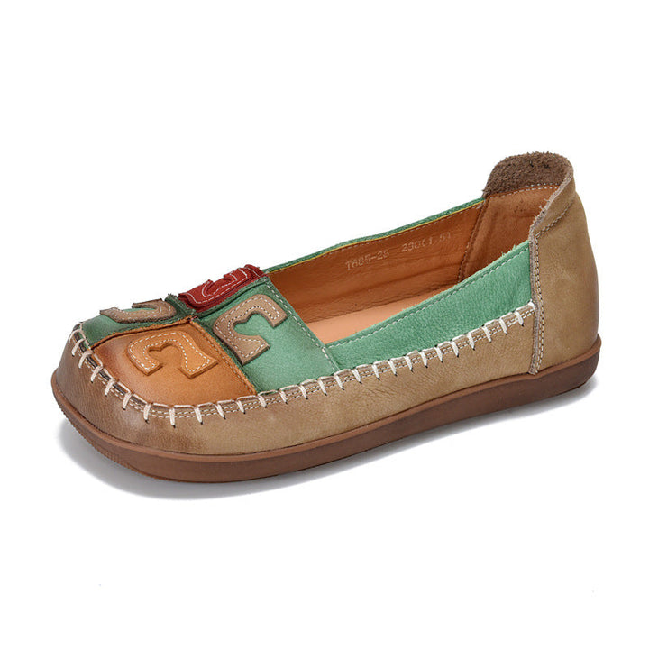 Women’s Retro Handmade Leather Colour-Block Flats – Round Square Toe Soft Sole Shoes