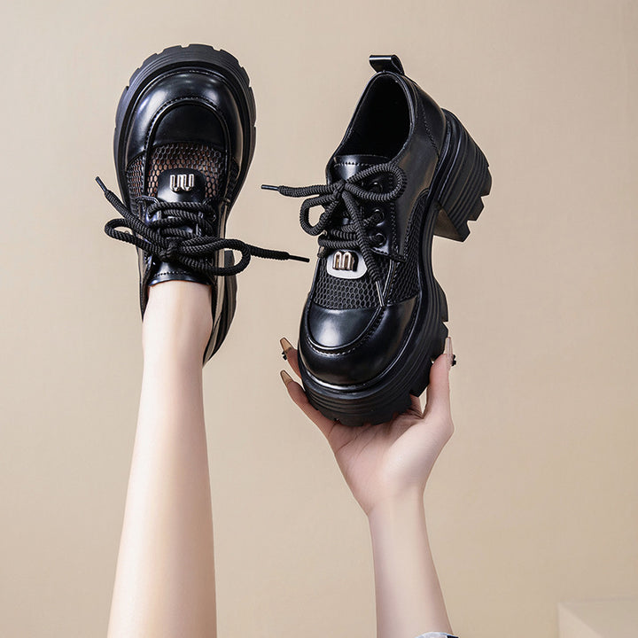Women's Leather Platform Oxfords - Gothic Lug Sole 7cm Block Chunky High Heel  Lace-Up Shoes