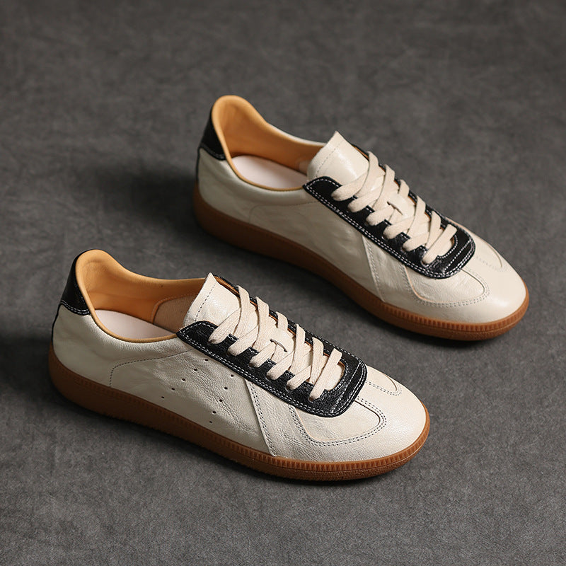 Women's Genuine Leather German Army Trainer Sneakers Retro Low Top Flat Shoes