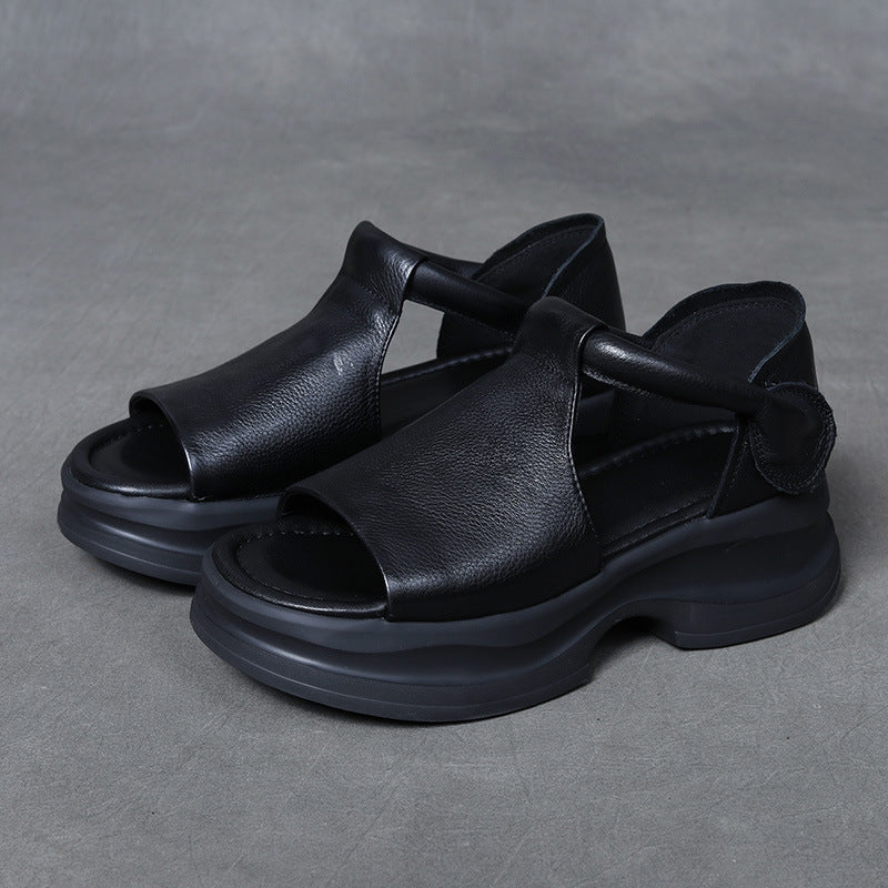 Open-toe Lightweight Leather Chunky Sandals for Women - Platform Summer Slides with Velcro Strap