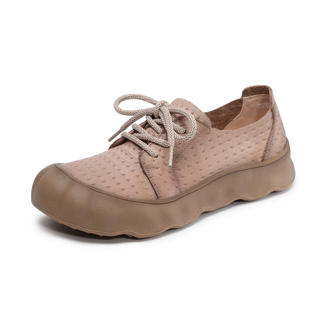 Women’s Retro Embossed Leather Lace-Up Flats – Comfortable Casual Soft Sole Shoes