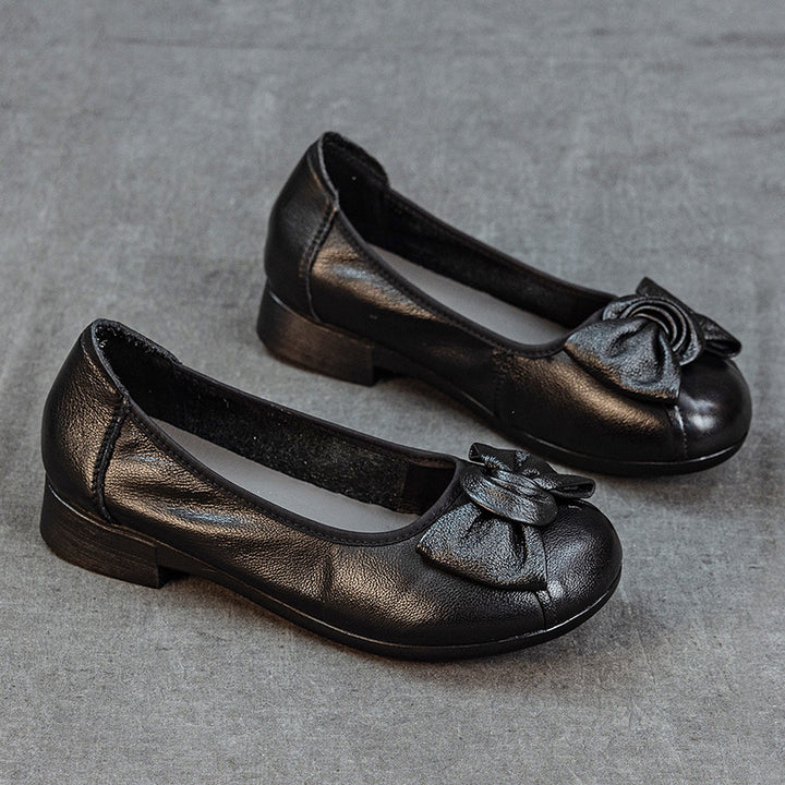 Women's Genuine Leather Bowknot Ballet Flats Round Toe Slip On Low Heel Walking Shoes