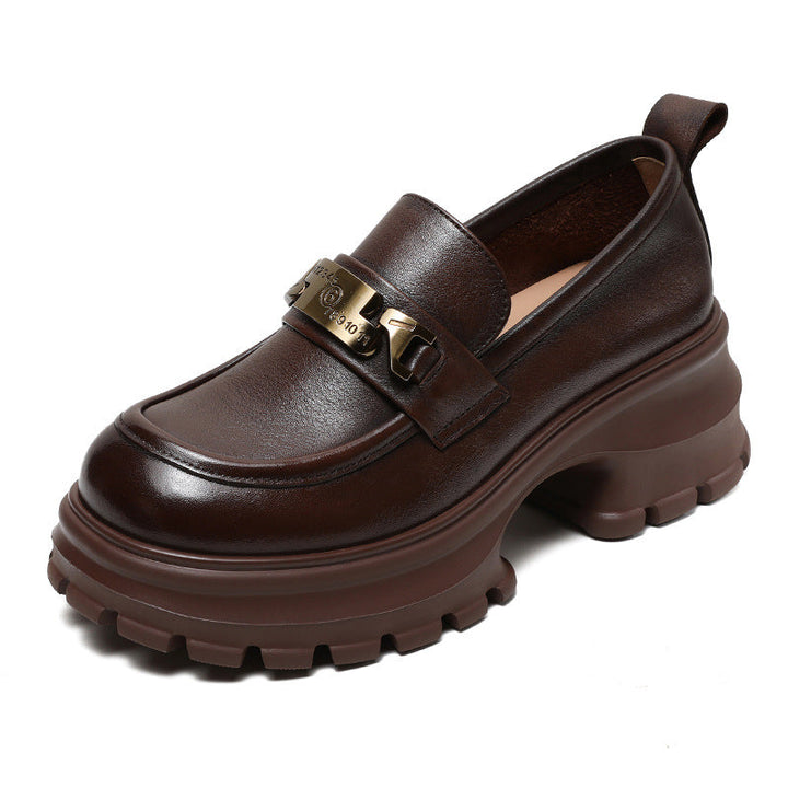 Women's Genuine Leather Platform Loafers - Chunky Heel with Metallic Hardware Details