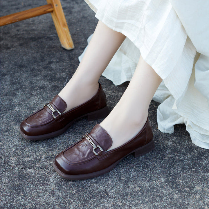 Women's Premium Unlined Leather Loafers - Elegant Metal Buckle Walking Flats