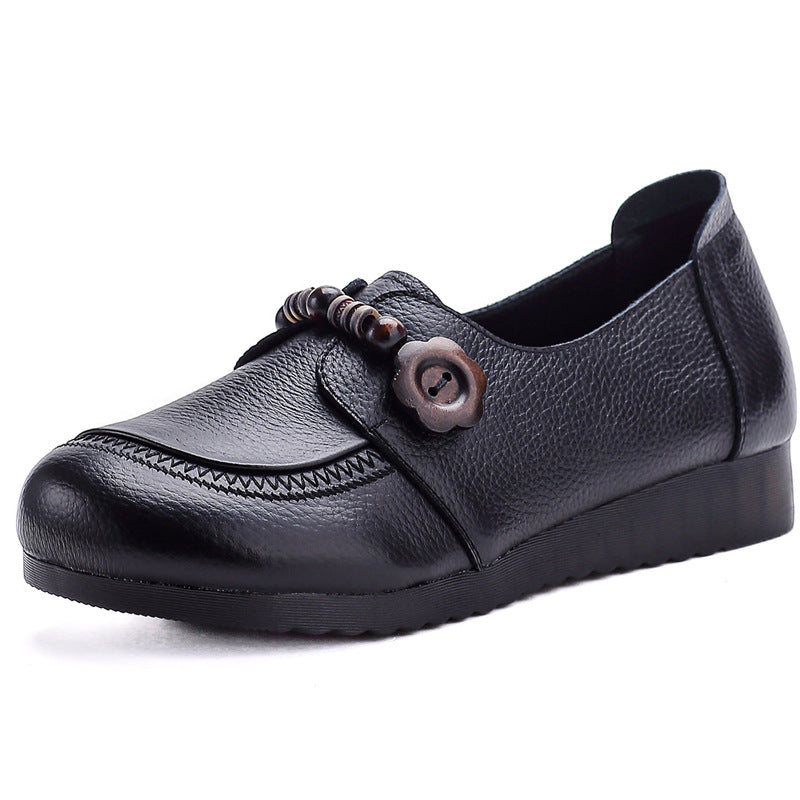 Women's Leather Casual Loafers - Vintage Beaded Flower Slip-On Round Toe Flats Comfort Walking Shoes
