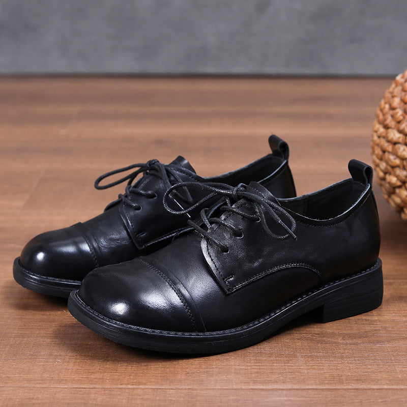Women's Retro Leather Oxford Shoes Round Toe Lace Up Derby Loafers