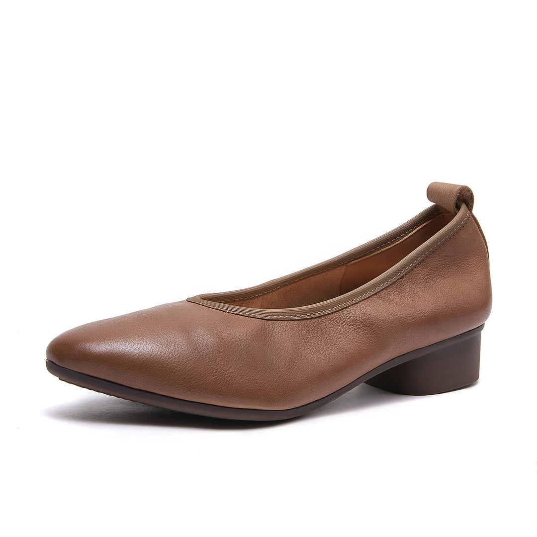 Women's Retro Leather Pumps Vintage Pointed Toe Slip-on Chunky Low Heels