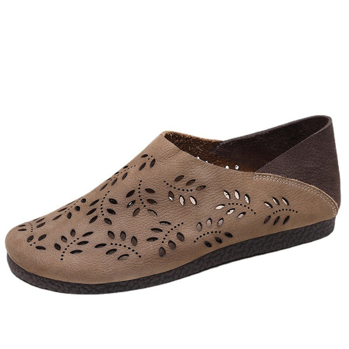 Women's Leather Loafers - Cut-Out Leaf Perforated Flat Sandals Casual Slip-On Summer Shoes