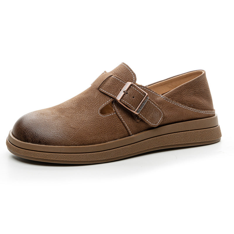 Vintage Leather Loafers - Women’s Round Toe Casual Flats with Adjustable Velcro Strap