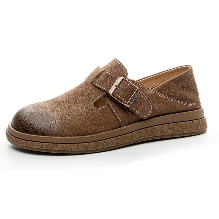 Vintage Leather Loafers - Women’s Round Toe Casual Flats with Adjustable Velcro Strap