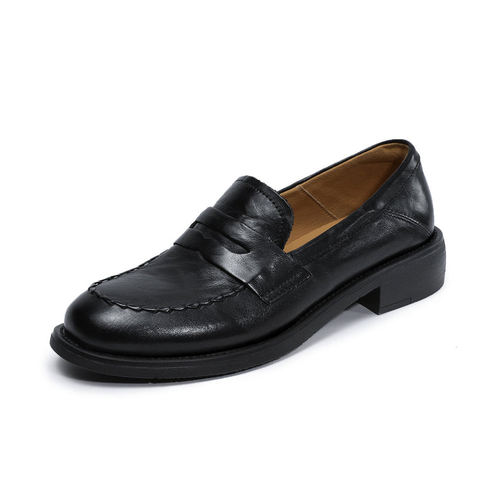 Women's Genuine Leather Penny Loafers Vintage Slip-on Round Toe Low Heel Shoes