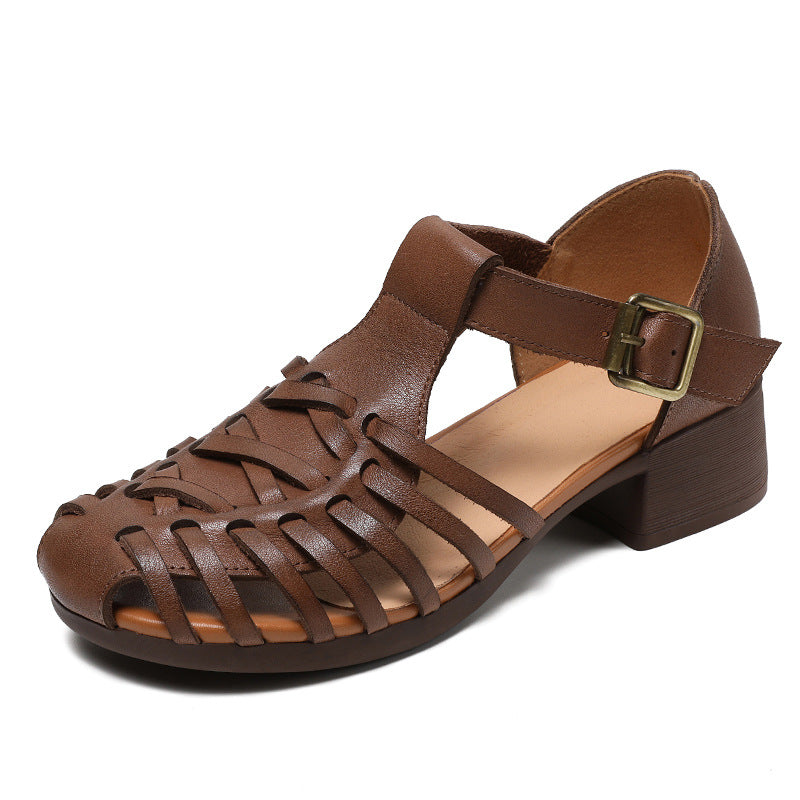 Women's Leather Fisherman Sandals - Vintage Interlocking Woven Closed Mid Block Heel Shoes with Buckle