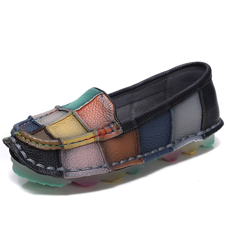 Women‘s Retro Cowhide Loafers Vintage Round Toe Patchwork Slip-on Driving Flats