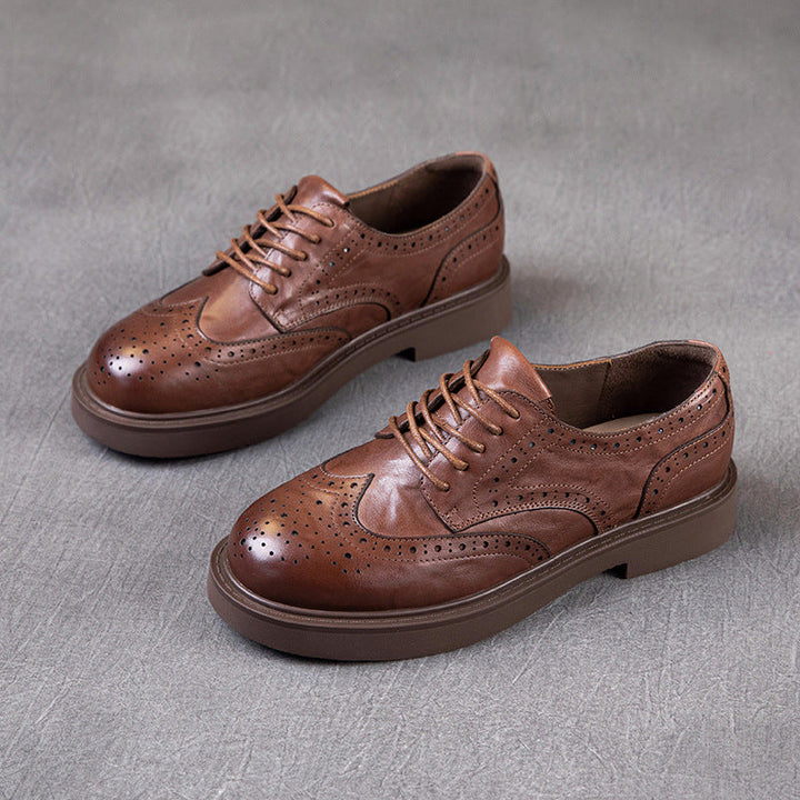 British Style Women's Wingtip Oxfords - Leather Lace-up Flats with Brogue Detail