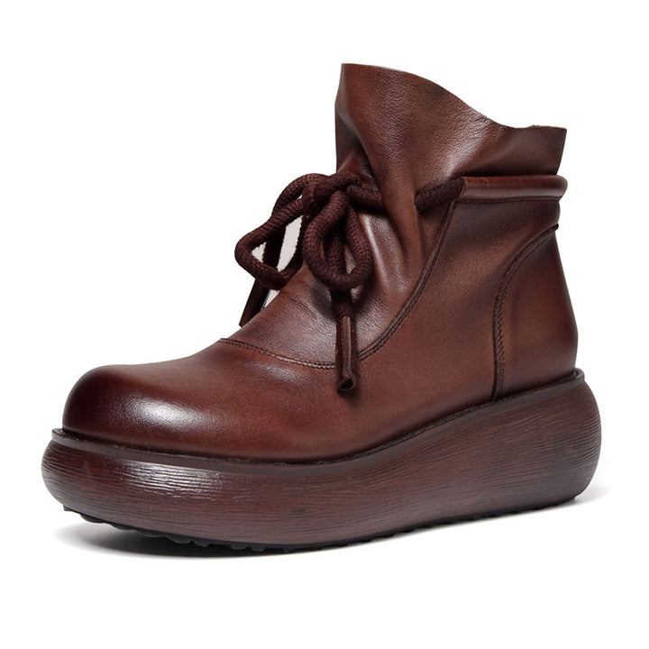Women's Leather Ankle Boots - Platform Chunky Heel  Booties, Zipper Lace-up Fall Winter Shoes