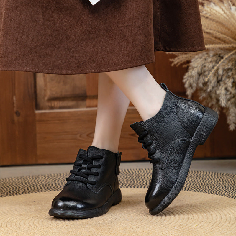Women's Leather Ankle Boots - Vintage Round Toe Lace-Up Side Zipper Oxford Booties Comfort Walking Shoes