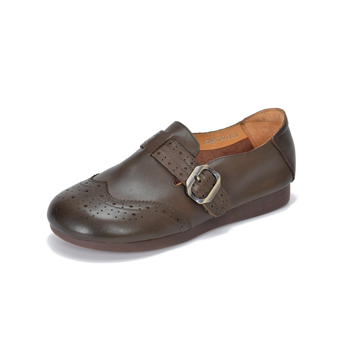 Women's Vintage Brogue Loafers Soft Cowhide Slip-on Mary Jane Flat Shoes