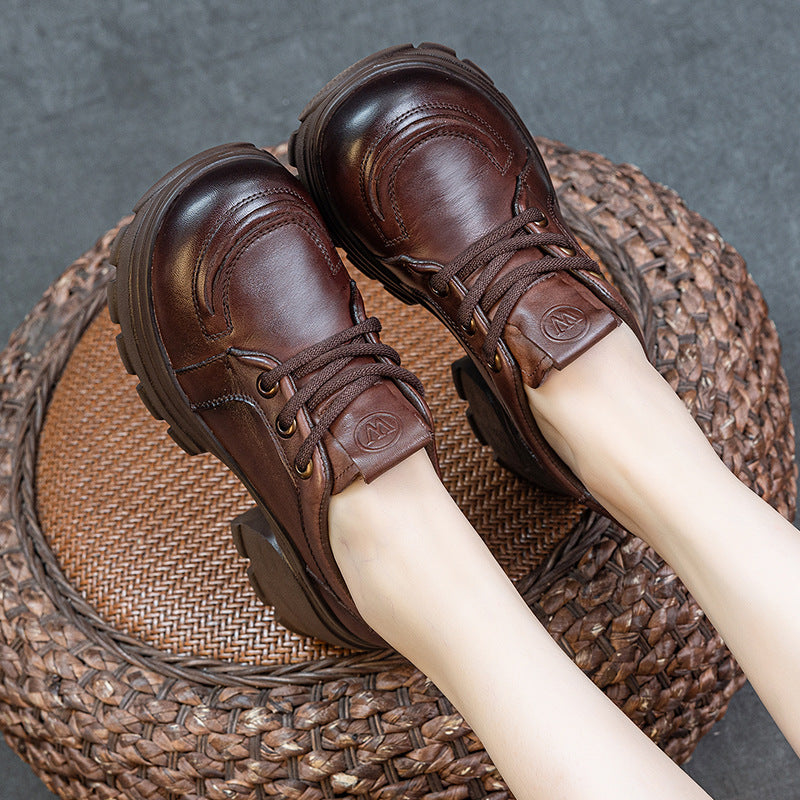 Women's Platform Genuine Leather Sneakers Chunky Heel Lace Up Casual Oxfords