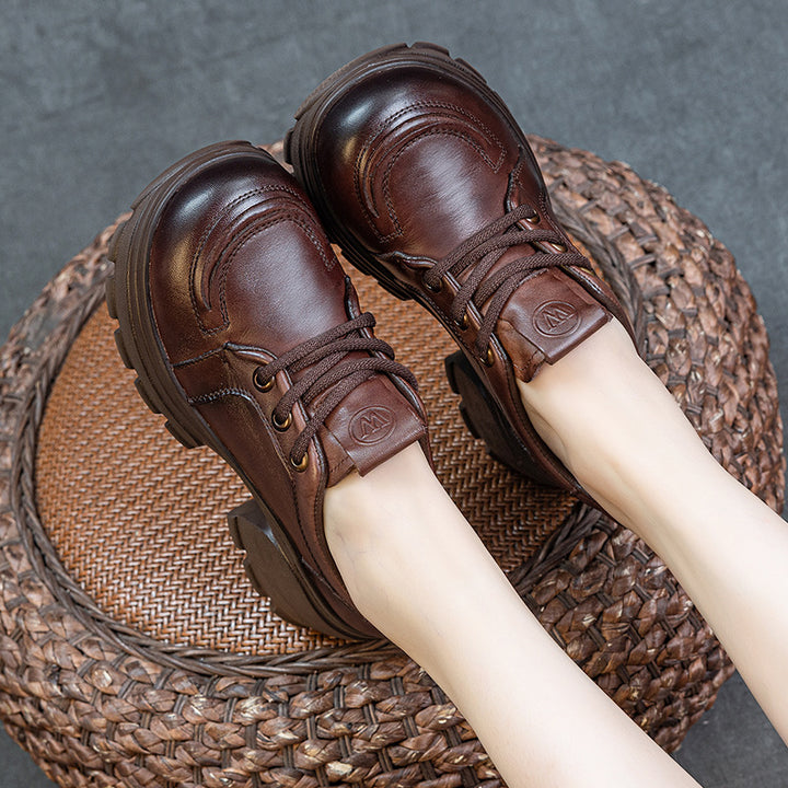 Women's Platform Genuine Leather Sneakers Chunky Heel Lace Up Casual Oxfords