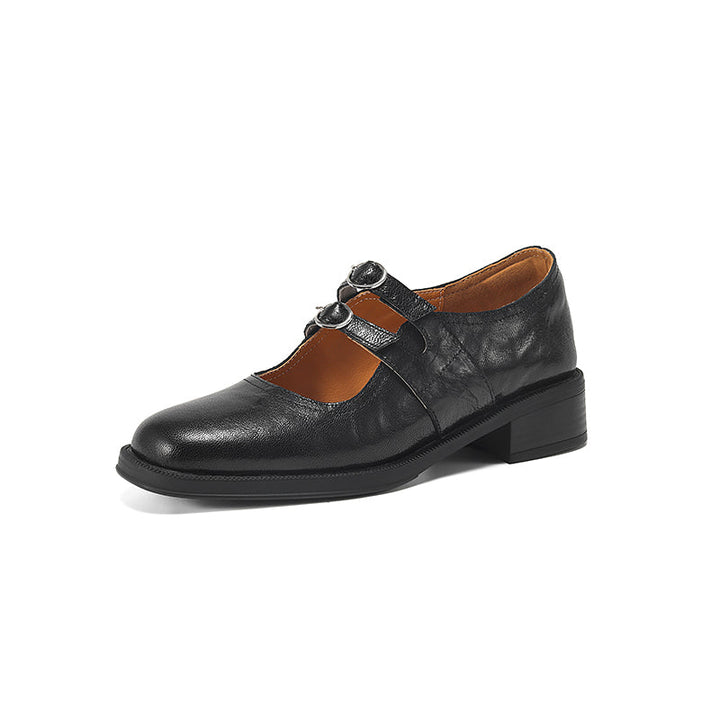 Women's Sheepskin Leather Block Heel Low Heel Double Buckle Mary Jane Shoes