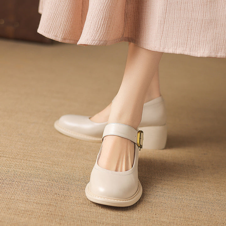 Women's Vintage 1960s Style Strap Pumps - Leather Elegant Round Toe Block Heels