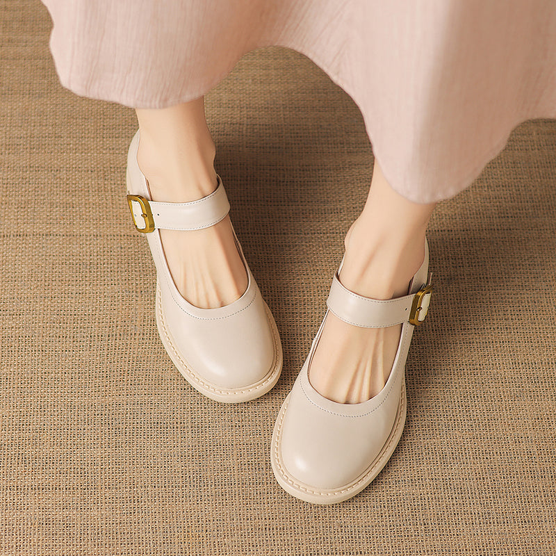 Women's Vintage 1960s Style Strap Pumps - Leather Elegant Round Toe Block Heels