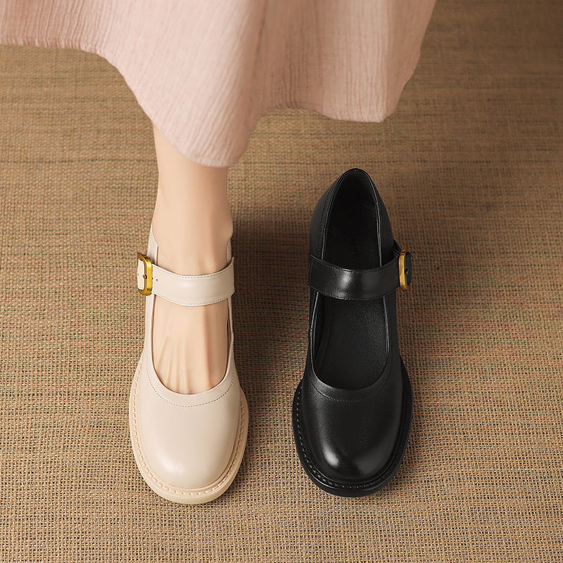 Women's Vintage 1960s Style Strap Pumps - Leather Elegant Round Toe Block Heels