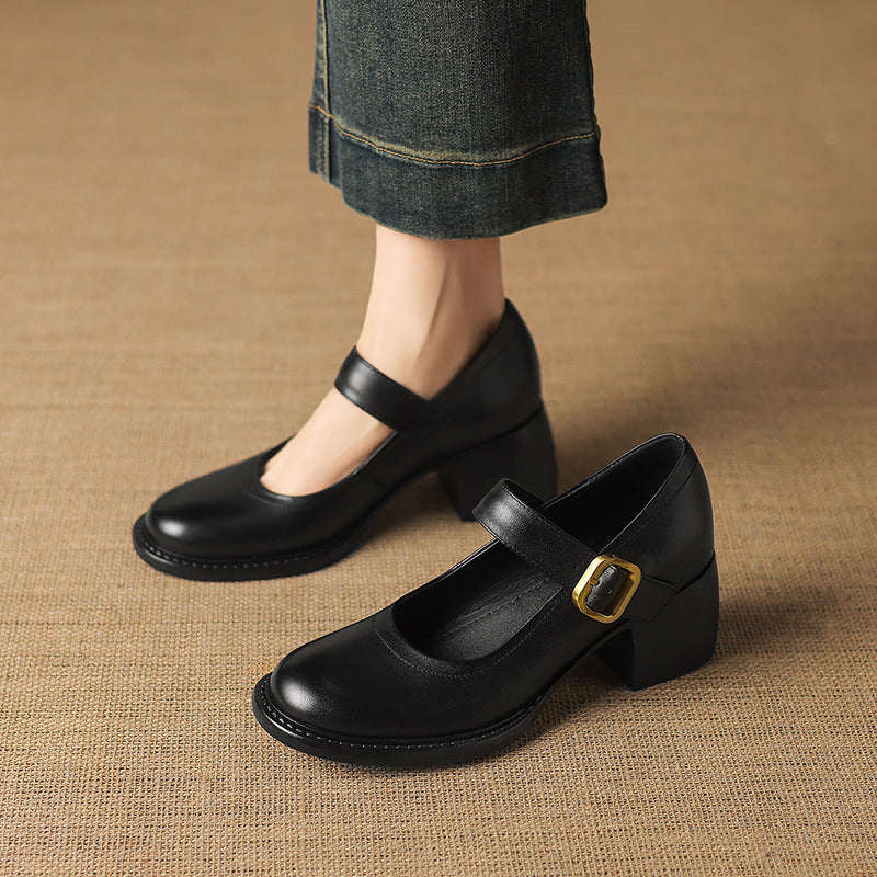Women's Vintage 1960s Style Strap Pumps - Leather Elegant Round Toe Block Heels