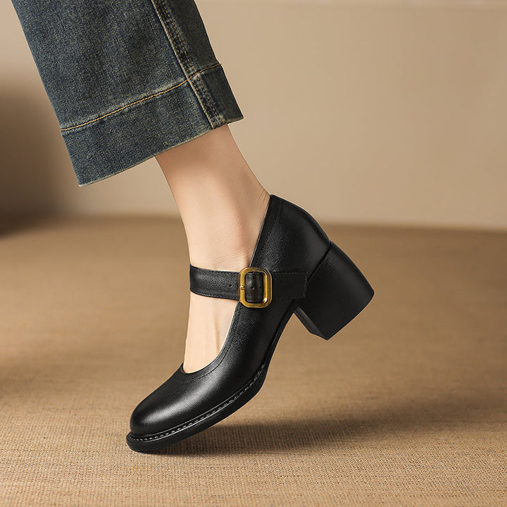 Women's Vintage 1960s Style Strap Pumps - Leather Elegant Round Toe Block Heels