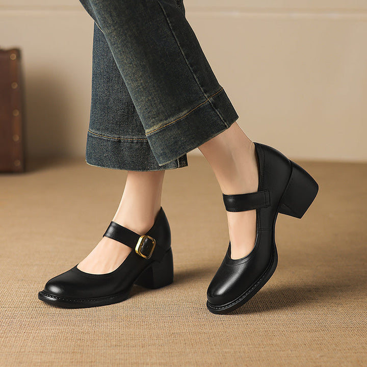 Women's Vintage 1960s Style Strap Pumps - Leather Elegant Round Toe Block Heels
