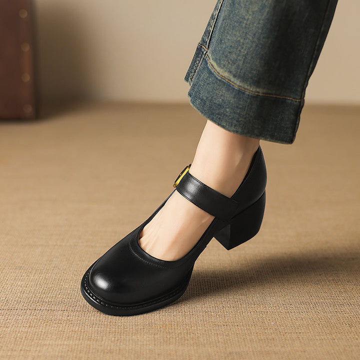 Women's Vintage 1960s Style Strap Pumps - Leather Elegant Round Toe Block Heels