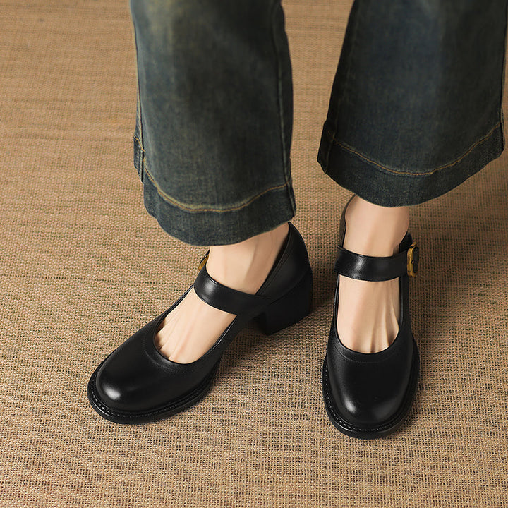 Women's Vintage 1960s Style Strap Pumps - Leather Elegant Round Toe Block Heels