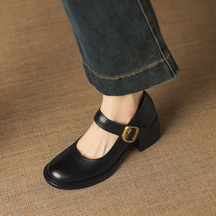 Women's Vintage 1960s Style Strap Pumps - Leather Elegant Round Toe Block Heels